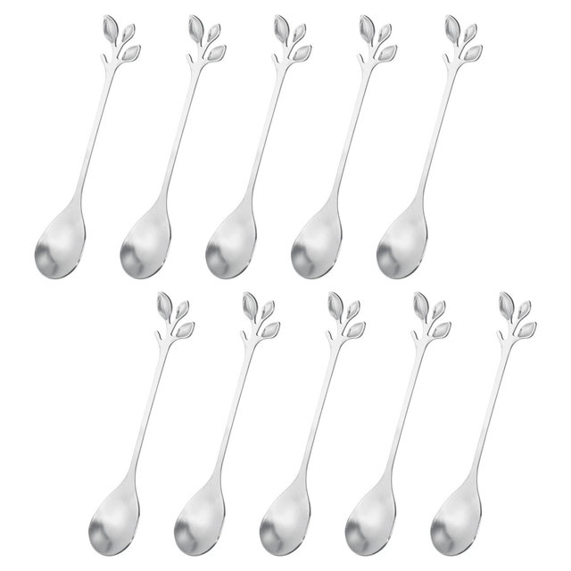 Unique Bargains Stainless Steel Leaf Handle Tableware Dessert Mixing Coffee Spoons 4.8 Inch 10 Pcs Silver