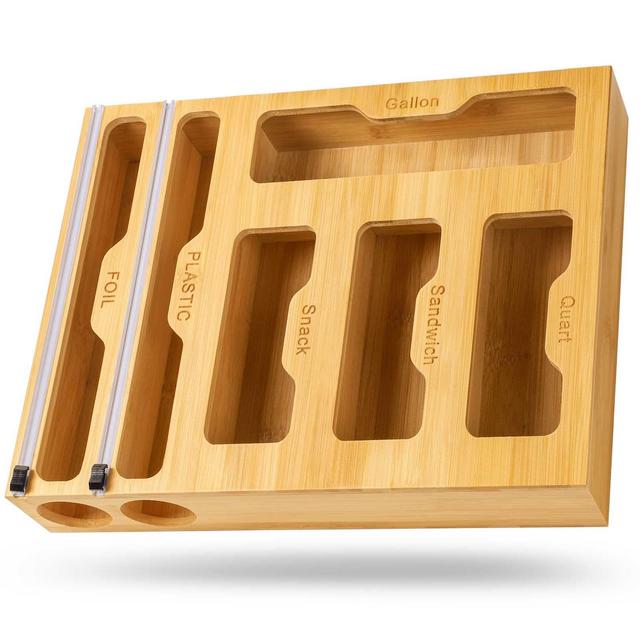 Ziplock Bag Storage Organizer Bamboo - 6 in 1 Wrap Dispenser with Cutter, Suitable for Gallon, Quart, Sandwich Snack Bag, Cling Film, Aluminum Foil etc; Compatible with 12" Kitchen Rolls