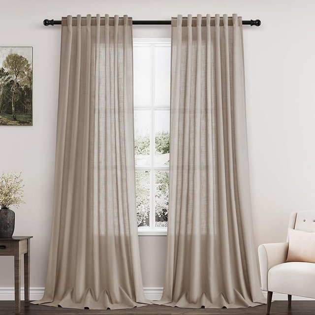 Extra Long Curtain 108 Inches Long 2 Panels Set Back Tab Light Taupe Linen Drapes for Living Room Neutral Farmhouse Light Filtering Semi Sheer Linen Curtains 108 Inch Length for Large Window 9 FT