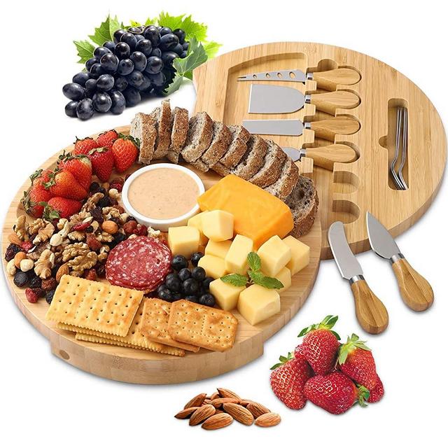 BOLTLINK Cheese Board and Knife Set, Bamboo Round Charcuterie Boards Swivel Meat Platter Charcuttery Serving Tray with 6 knives for Housewarming Christmas Thanksgiving Party Birthday Wedding Gifts