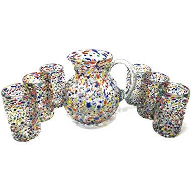 Mexican Hand Blown Glass Drinkware Set - Includes 84oz Pitcher and 6 Blown Drinking Glasses (14oz) – Confetti Rock Design