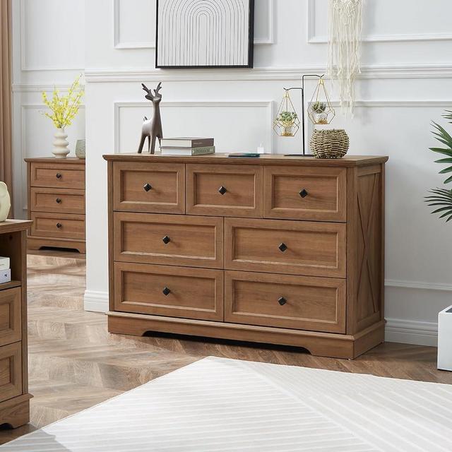 LDTTCUK 7 Drawer Dresser, Farmhouse Dresser Chest of Drawer for Bedroom, Modern Wood Drawer Dresser with Charging Station, Chest of Drawers Storage Cabinet for Living Room, Entryway, Natural Oak