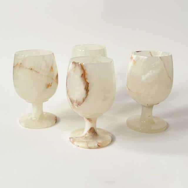 Vtg Marble Wine Goblets White Onyx w/ Rust Coloured Marbling 4pc Set