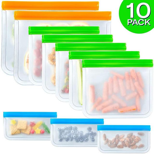 10 Pack Reusable Sandwich Bags FDA Grade Reusable Storage Bags (2 Large 5 Sandwich & 3 Snack Bags), Leakproof Slicone & Plastic Free Lunch Bags, Food Grade PEVA Sandwich Bags and Snack Bags