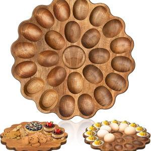Acacia Wood Deviled Egg Platter 11 Inch 25 Holes Round Deviled Egg Serving Tray Reversible Charcuterie Board Cutting Board Serving Platter Easter Chrismas Thanksgiving Holiday Gatherings