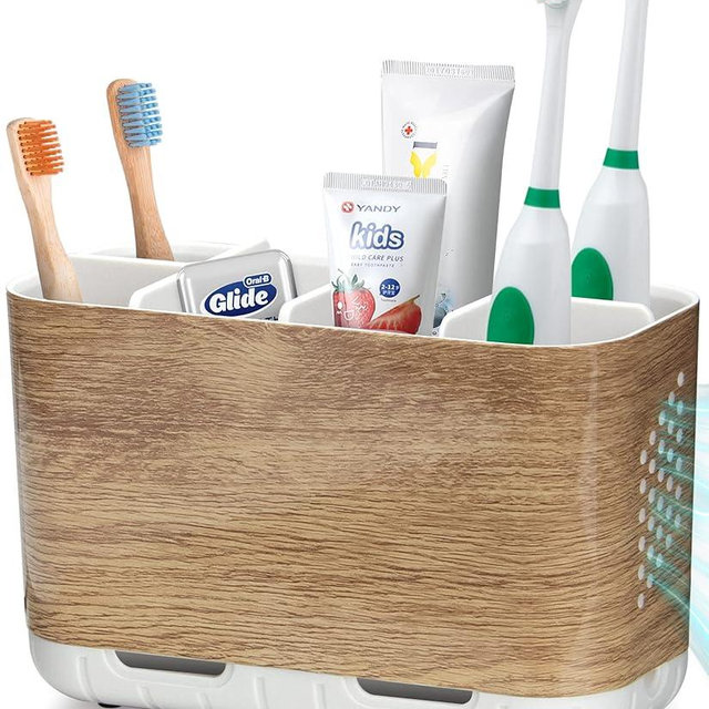 Boperzi Toothbrush and Toothpaste Holder Wood Grain for Bathroom Countertop with Adjustable Dividers, Toothpaste Caddy Organizer Storage Rustic Decor Set Freestanding Anti-Slip for Shower,Family,Kids