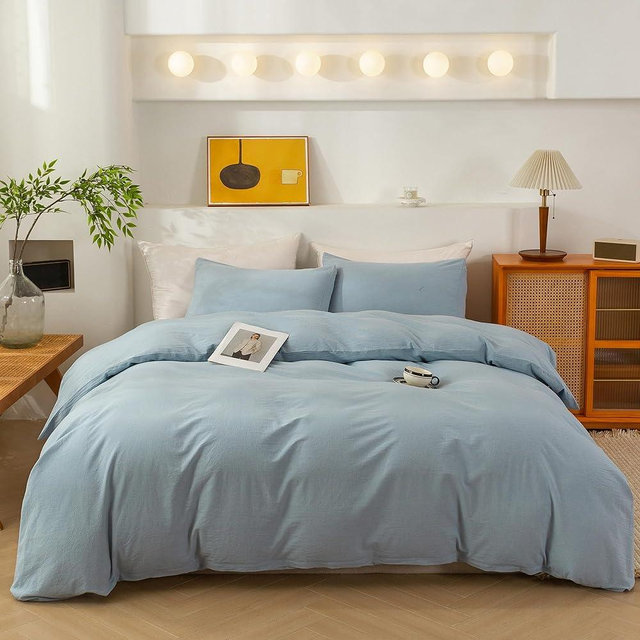 ECOCOTT 100% Washed Cotton Duvet Cover California King Size – Soft & Breathable Linen Feel Bedding Set, 3 Pieces Light Blue Comforter Cover with Zipper Closure for All Seasons