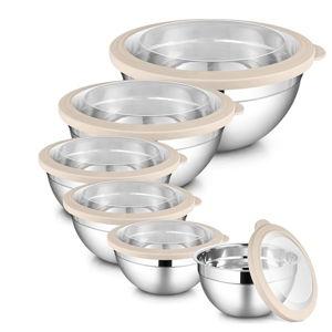 LIANYU 6 PCS Large Mixing Bowls with Visible Lids Set, Size 7, 3.5, 2.5, 2, 1.5, 1QT, Stainless Steel Kitchen Metal Nesting Bowls for Cooking, Baking, Serving, Freezer & Dishwasher Safe, Khaki
