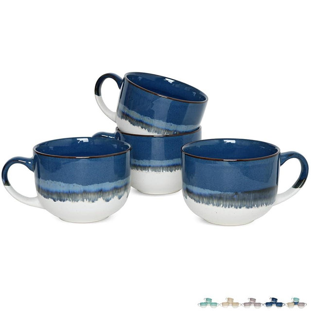 Bosmarlin Ceramic Coffee Mug Set of 4, 16 Oz, Jumbo Latte Mugs, Dishwasher and Microwave, Unique Reactive Glaze (Deep Blue, 16 Oz)