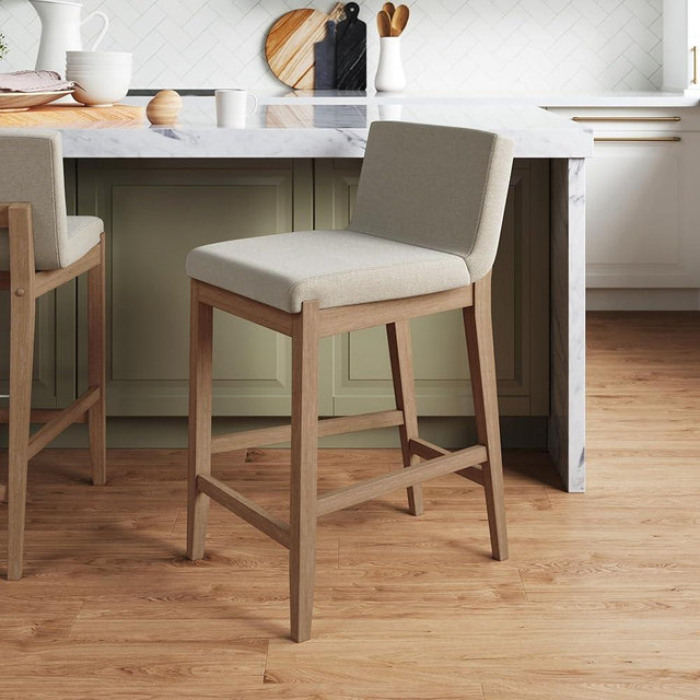 Nathan James Gracie Modern Counter Height Bar Stool with Back, Counter Stool Upholstered Chair with Natural Flax White Fabric and Brushed Wooden Legs, Natural Flax/Brown, Set of 2