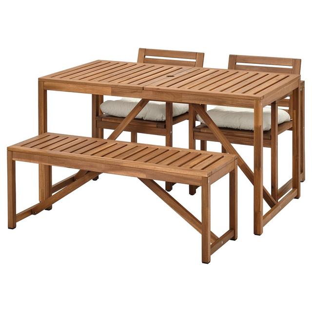 NÄMMARÖ Table, 2 chairs and bench, outdoor, light brown stained/Kuddarna beige