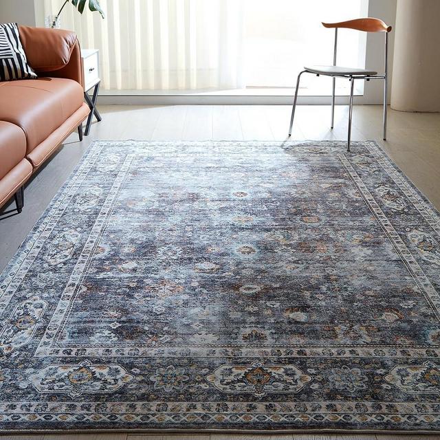 Rugcomf 8x10 Rug Washable Boho Rug Soft Large Area Rug Non-Slip Non-Shedding Faux Wool Vintage Rug for Living Room, Farmhouse, Dining Room, Indoor, Kids Playroom (Grey and Brown)