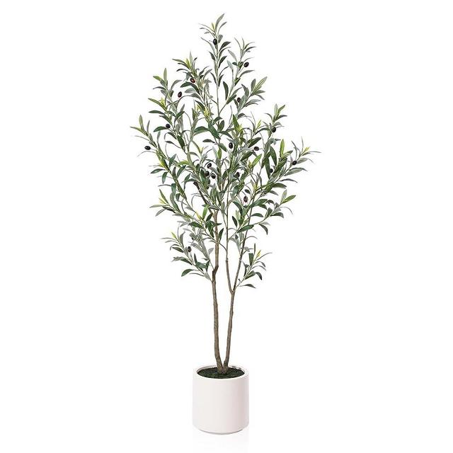LOMANTO Artificial Olive Trees, 5 ft Tall Fake Olive Trees for Indoor, Faux Olive Silk Tree, Large Olive Plants with White Planter for Home Decor and Housewarming Gift, 1 Pack