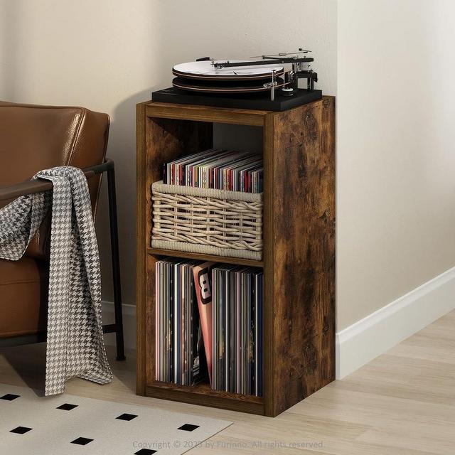Furinno Cubicle Record Player Stand with Vinyl Storage, 2-Cube 1.2 Extra Thick Vinyl Record Storage, Open Back Media Shelf for CD DVD Blueray Game Disc, for Living Room, Home Office, Amber Pine
