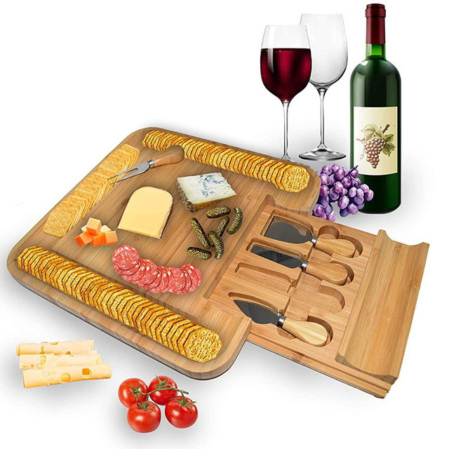 ROYAL HOUSE Unique Bamboo Cheese Board and Knife Set ? Serving Tray for Crackers, Meat, and Wine ? Wood Charcuterie Platter with Slide-Out Cutlery Drawer ? Perfect Wedding and Housewarming Gift