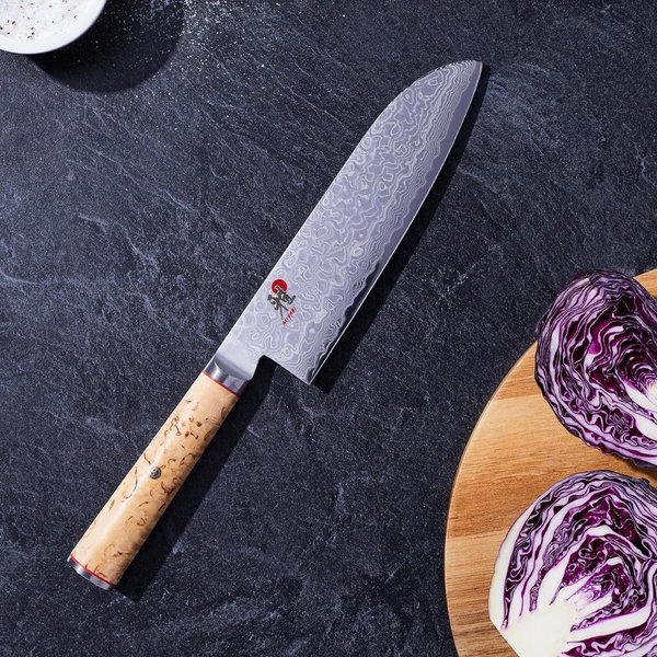 Miyabi Birchwood SG2 Japanese Santoku Knife, 7-inch, All-rounder Kitchen Knife, Karelian Birch Handle, 100-layer flower Damascus pattern, Handcrafted in Seki, Japan