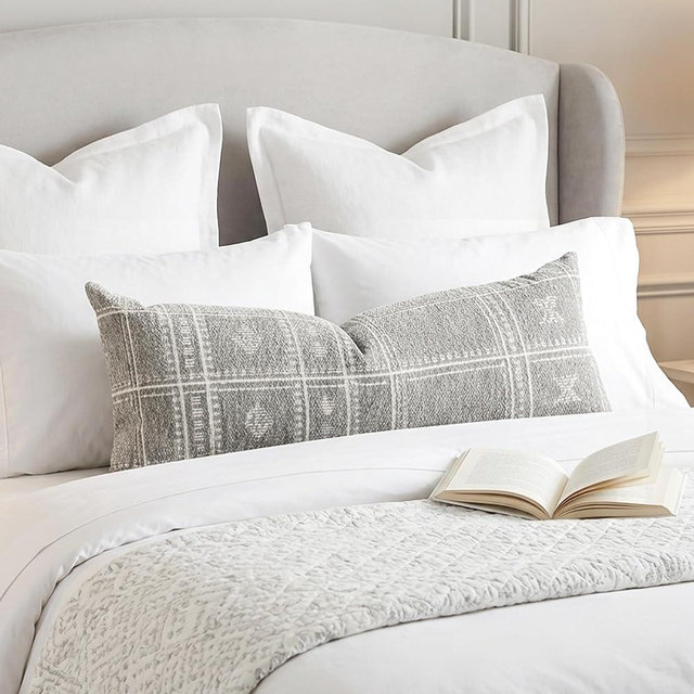 BlissBlush Decorative Lumbar Pillow Cover 14x36, Long Decorative Throw Pillow for Bed, Light Gray Boho Textured Chenille Accent Pillowcase for Bedroom Home Décor (Cover Only)