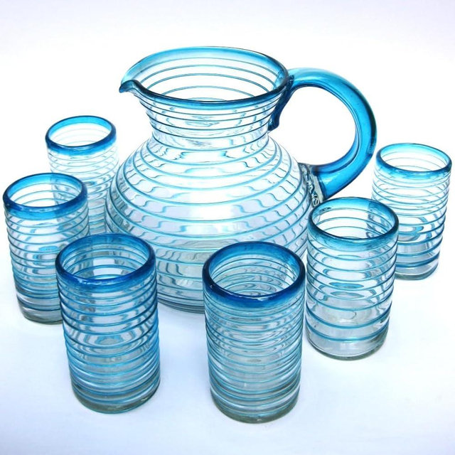 MexHandcraft Aqua Blue Spiral 120 oz Pitcher and 6 Drinking Glasses set, Recycled Glass, Lead-free, Toxin-Free (Pitcher & Glasses)