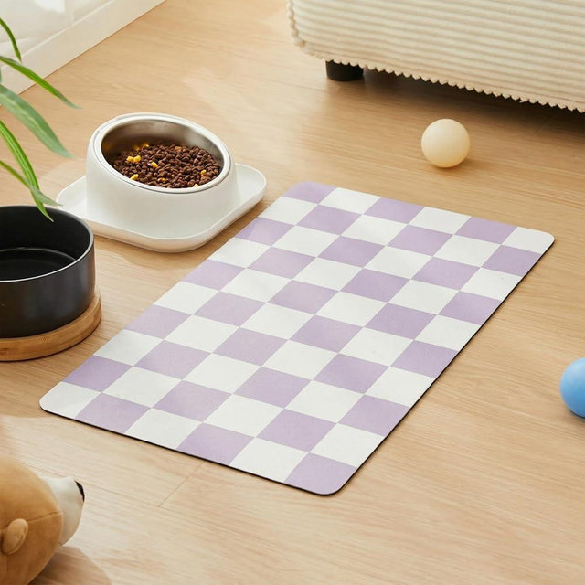 Ralxion Checkered Dog Feeding Mat, Absorbent Mats for Dog Food and Water Bowl, Dispenser, Aesthetic Purple Checkerboard Pet Placemat for Dogs, Cats, Puppy Accessories (Purple, 12 x 19)