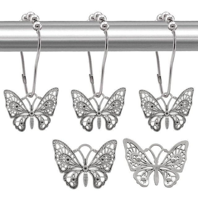 JZKaspar Decorative Shower Curtain Hooks,12PCS Butterfly Curtain Hooks Shower Ring,Rustproof Shower Curtain Hanger Clips, Shower Hook Ring for Shower Curtain Rod,Bathroom Decoration Accessories,Silver