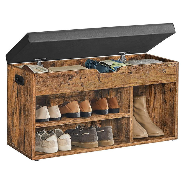 VASAGLE Storage Bench with Cushion, Shoe Bench with Padded Seat, 3 Compartments, Hidden Storage, Shelves, Living Room Lounge Hallway Bedroom, Load Capacity 330 lb, Rustic Brown and Black ULHS30BX