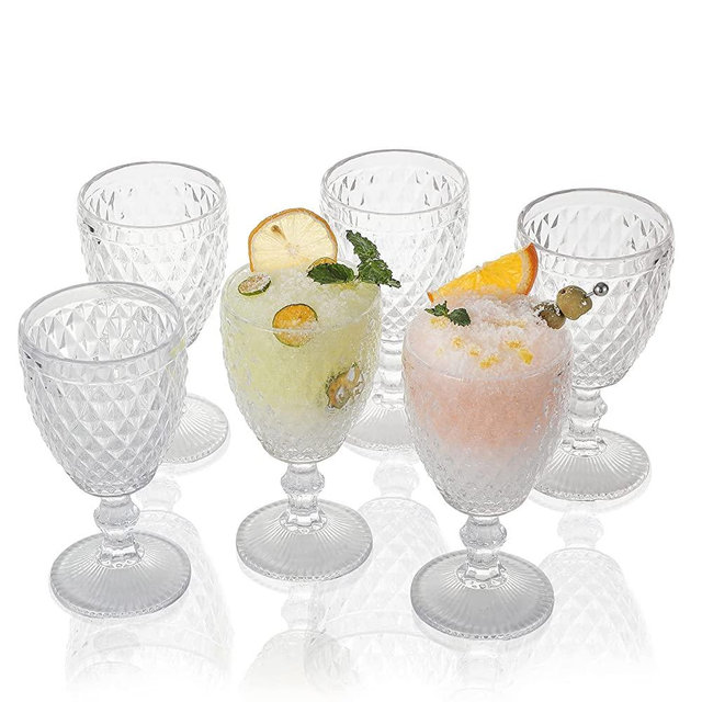 EVEREST GLOBAL Clear Glass Goblet Set of 6 stemware, 10 oz with Diamond Pattern, Embossed High Clear Glassware for Party and Wedding (Clear)