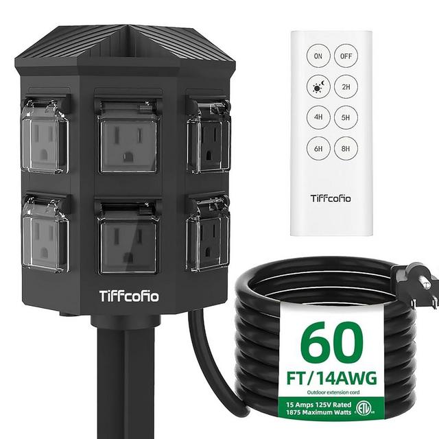 TiFFCOFiO Outdoor Power Strip with 60 FT Extension Cord, 100FT Remote Control, Dusk to Dawn Light Timer Waterproof, 6 Grounded Outlets for Yard, Pool and Garden, ETL Listed
