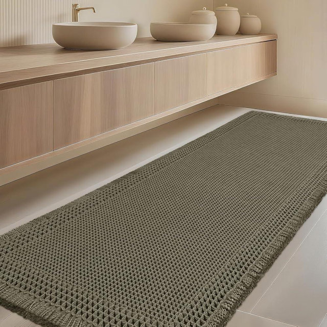 Extra Large Waffle Bath Mat, Boho Woven Modern Bath Rug Absorbent Non Slip, Soft Bathroom Mats, Machine Washable Knit Bath Rugs with Border for Bathroom, Bedroom, Kitchen, Shower, 5'x2', Olive Green