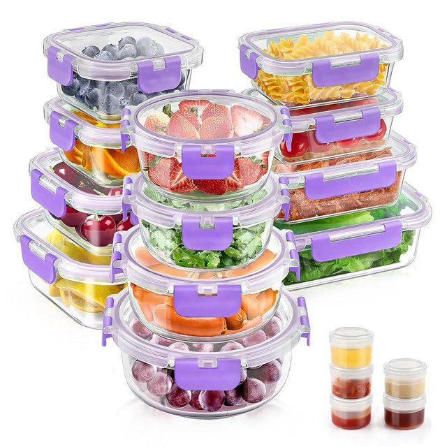 34pcs Glass Food Storage Containers with Lids Set, Airtight Glass Meal Prep Containers (17 Containers & 17 Lids), Leak Proof Lunch Containers BPA-Free, Microwave, Oven, Freezer, Dishwasher Safe-Purple