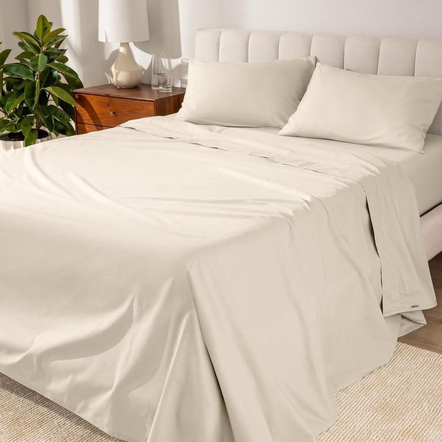 Bare Home 100% Organic Cotton King Sheet Set - Crisp Percale Weave - Lightweight & Breathable - Bedding Sheets & Pillowcases (King, Sand)