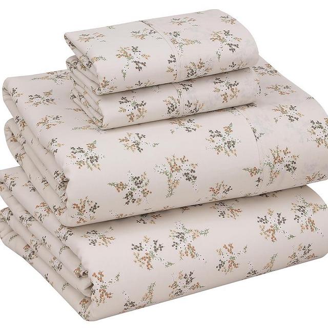 RUVANTI 100% Cotton Sheets for King Size Bed - Crispy Cooling Percale Sheets - Breathable & Durable King Sheet Set - 16 Inches Deep Pocket King Size Sheets - Cream Floral - 4 Pieces