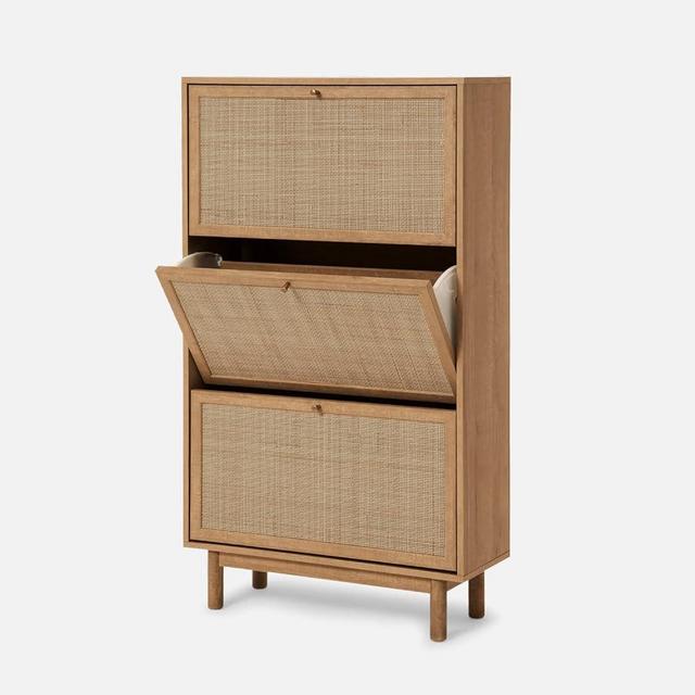 Hannah Shoe Cabinet, Natural Rattan Farmhouse Organizer, Storage, Closet Rack for Entryway, with Spacious Cabinet, Shelves, Sturdy Solid Wood Legs (Riviera Oak)