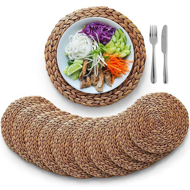 Woven Placemats, Round Placemats Rattan Placemats, Wicker Water Hyacinth Placemats, 11.8'' Round Braided Placemats Set, Heat Resistant/Anti-Slip/Durable for Dinner Plate (Set of 10)