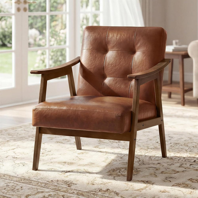 VASAGLE Accent Chair, PU Leather Armchair, Button Tufted Living Room Chair, Thick Cushion, Mid Century Modern Lounge Seating for Bedroom, Reading Nook, Home Office, Brown ULYY200KZ02S