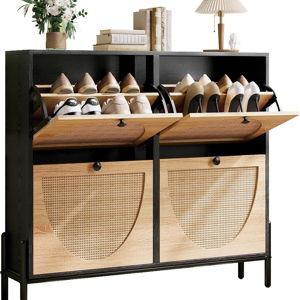 IRONCK Rattan Shoe Cabinet Storage with 4 Flip Drawers, Freestanding Shoe Storage Organizer Cabinet for Entryway, Narrow Shoe Rack Cabinet, Black