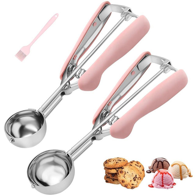 Cookie Scoops for Baking Set of 2, Pink Handle 18/8 Stainless Steel Ice Cream Scoop Set with Ergonomic Soft Grip, Spring Trigger Release Cookie Dough Scooper for Cupcakes, Muffins, Meatballs, Melon