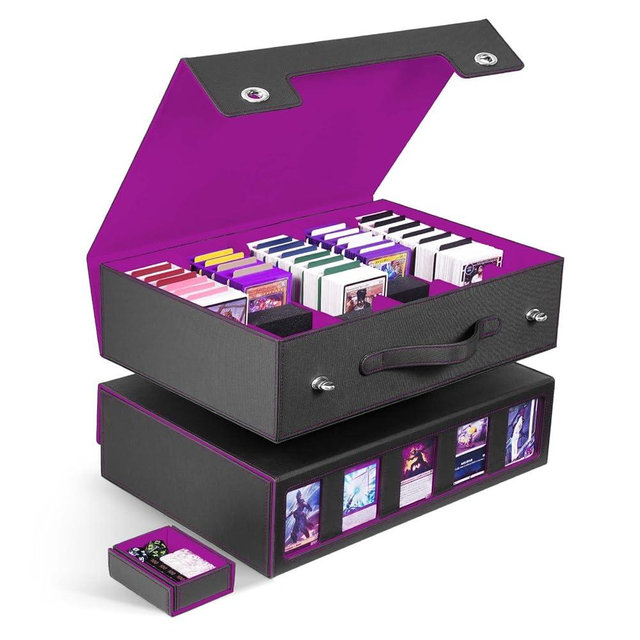 ZLCA Trading Card Storage Box 5-Row with Handle, MTG Storage Box Holds 3900+ Cards with Commander Display, Top Loaders Organizer Case for TCG PTCG Sport Card(Black&Purple)