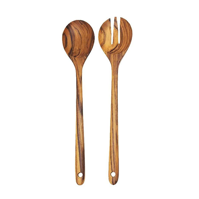 Premium Golden Teak Wood Salad Tongs By Tectona Teak Handmade Wooden Salad Servers With Long Handles.Eco Friendly Heat Resistant Cooking Utensils For Vegans (Design 1)