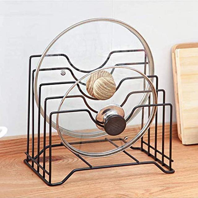 Pot Lid Holder, Lid Organizer，Chopping Board Rack, Lid Rack,Kitchen Counter and Cabinet Organizer with 4 Sections,Multifunctional Kitchen Cookware Chopping Board Organizer Storage Rack(Black)