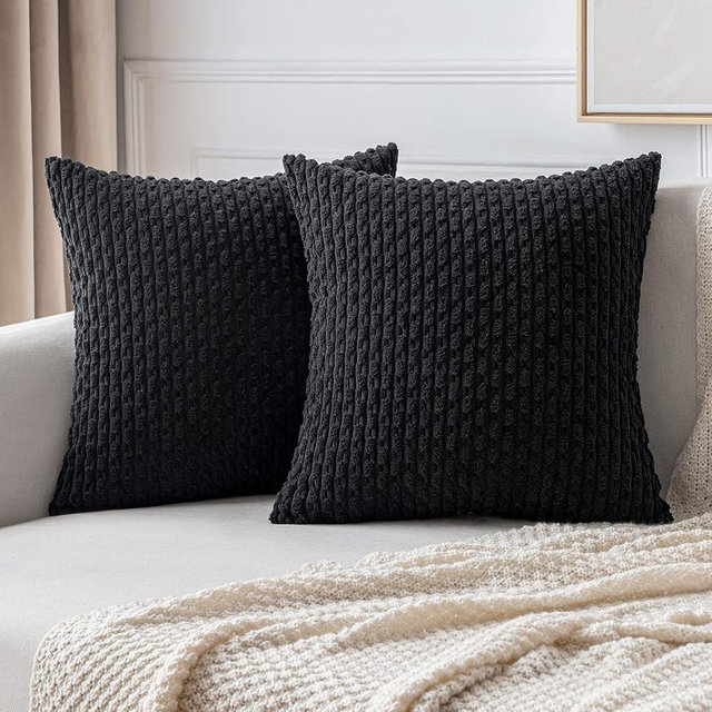 MIULEE Pack of 2 Decorative Throw Pillow Covers 18x18 Inch Soft Boho Striped Textured Corduroy Pillow Covers Modern Farmhouse Home Decor for Couch Bed Sofa Living Room Black