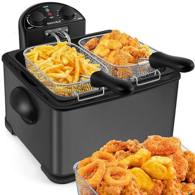 Secura 1700-Watt Stainless-Steel Triple Basket Electric Deep Fryer with Timer Free Extra Odor Filter, 4L/17-Cup, Black