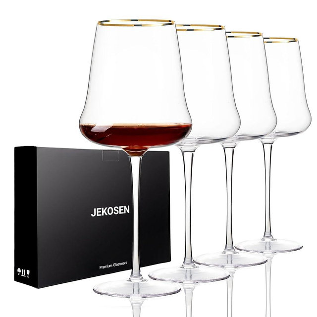 JEKOSEN NEW Red Wine Glasses With Gold Rim 23 Ounce Set of 4 Long Stem Clear Wine Glasses Premium Crystal Gift for Christmas, Birthday, Anniversary or Any Special Occasion