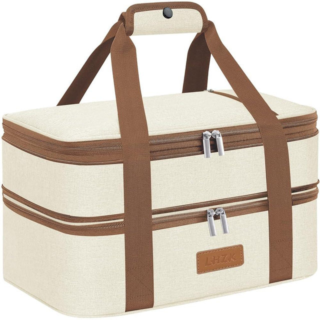 LHZK Double Decker Insulated Casserole Carrier for Hot or Cold Food, Expandable Hot Food Carrier, Lasagna Holder Tote for Potluck Parties, Picnic, Beach, Fits 11 x 15 or 9 x 13 Baking Dish (Beige)