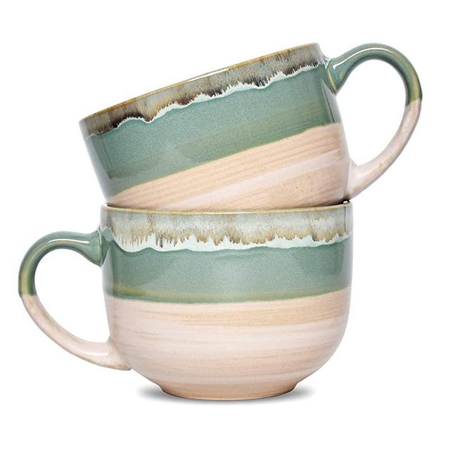 Bosmarlin Large Stoneware Coffee Mug Set of 2, Jumbo Latte Mugs for Office and Home, 16 Oz, Dishwasher and Microwave Safe(Green, 2)