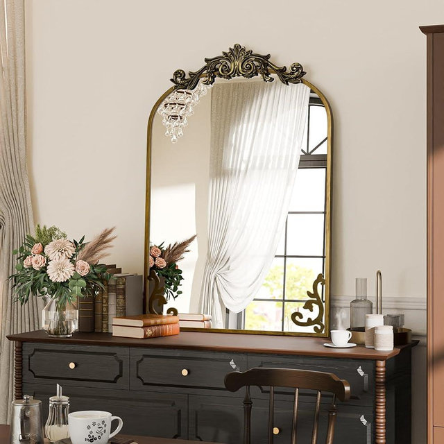 Koonmi Vintage Mirror, 22x30 Antique Barolon Mirror for Wall, Bronze Frame with Ornate Patterns, Flower Head, Shatter-Proof Tempered Glass Arched Decorative Mirrors for Bathroom