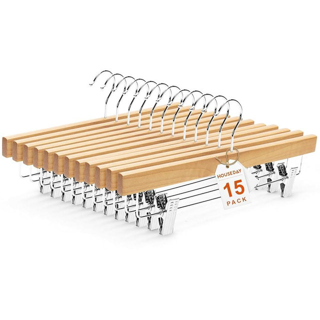 HOUSE DAY Premium Wooden Pants Hangers 15 Pack, Solid Lotus Wood Skirt Hangers with 2-Adjustable Clips, Heavy Duty & Anti Slip Wood Bottom Hanger for Slacks, Jeans, Trousers, Shorts (Natural)