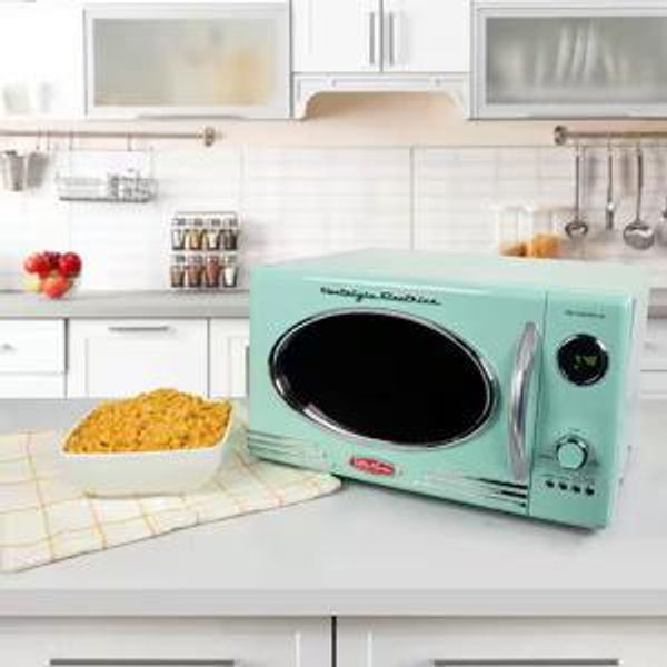 Nostalgia NRMO11AQ6A 1000 Watt Power Retro Countertop Microwave Oven Easy to Clean with Removable Glass Turntable-Child Safety Lock-12 Programs-Digital Clock, 1.1 Cu Ft, Aqua
