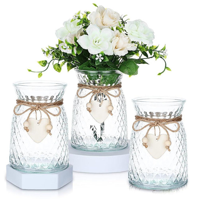Tiangrid 3 Pcs Glass Bud Vases with Twine Rope and Heart Label 6.3 Inch Boho Vintage Vase Flower Decorative Glass Vase for Centerpieces Holiday Wedding Home Table Decorations (Clear)