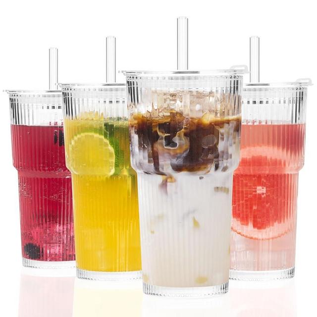GOSCHE 20oz Glass Cups with Lids and Straws, Ribbed Iced Coffee Cups, Thickened Glass Tumbler Set Ideal for Coffee, Smoothies, Cocktails, and Juices, Clear, 4 Pack