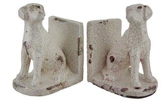 2 Piece Sitting Lab Dog Off-White Distressed Crackle Finish Ceramic Bookend Set